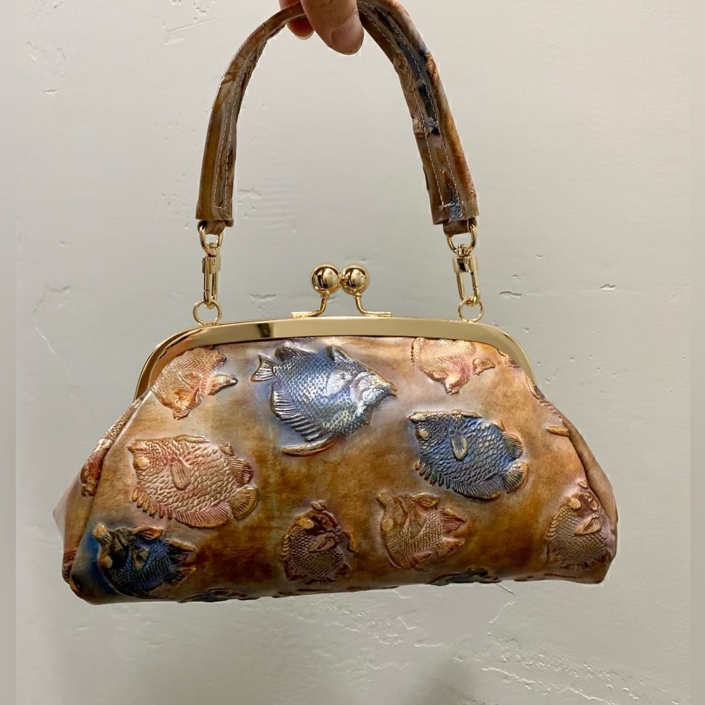 Handmade Genuine Cowhide Fish Embossed Wristlet/Crossbody & 2 Style Straps